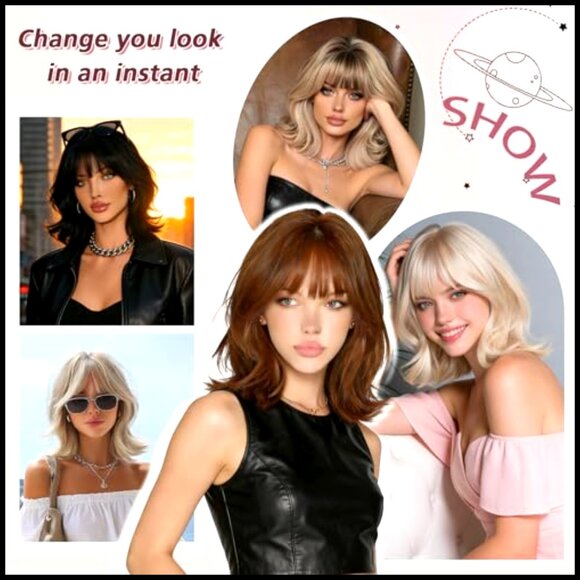 Synthetic Bob Wig with Bangs Wavy Layered Shoulder Length Party Daily Wear main image 5
